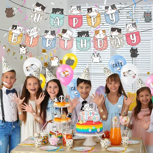 Miniatura 7 de Zhanmai 106 piezas de suministros de fiesta de cumpleaños con temática de gato, incluyen una bonita pancarta de feliz cumpleaños, remolinos