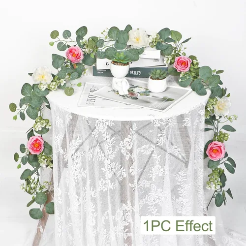 Miniatura 67 de TOCHGREEN Paquete de 2 Guirnaldas de Flores de Eucalipto Artificial de 12 Pies con Rosas Champán, Guirnalda de Flores de Rosa Falsa Verdor