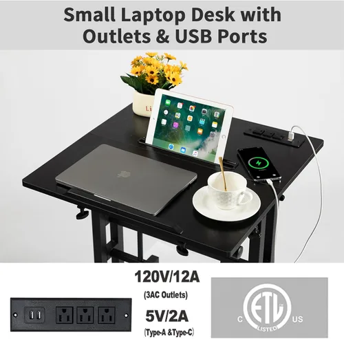 Miniatura 4 de Hadulcet Escritorio móvil de pie con estación de carga, escritorio ajustable para computadora de pie, carrito ajustable para laptop con ruedas