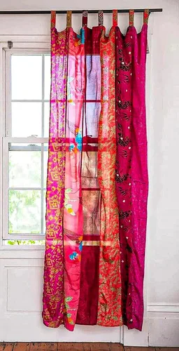 Miniatura 4 de EthinicCraftHub® - Cortina india de seda Sari con diseño de retazos estilo gitano bohemio hippy bohemio para colgar en la pared