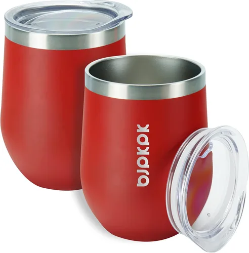 Miniatura 10 de BJPKPK 2 vasos de vino aislados de 12 onzas, tazas de café al vacío de doble pared de 12 onzas con tapa, vasos de vino de acero inoxidable A-verde