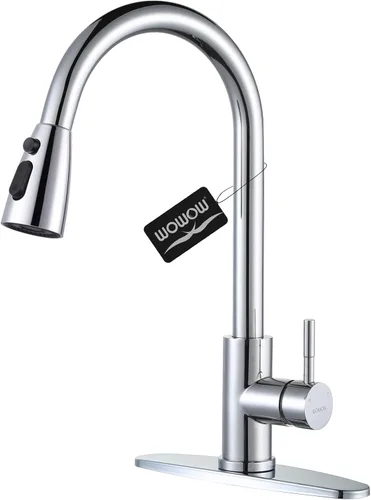 WOWOW - Grifo de cocina cromado con rociador, grifo de fregadero de cocina extraíble de acero inoxidable con placa de cubierta, grifo de cocina para