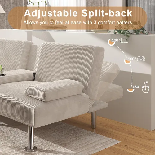 Miniatura 3 de Shahoo - Sofá moderno tapizado, futón convertible plegable con reposabrazos removibles, patas de metal, 2 portavasos para sala de estar, beige