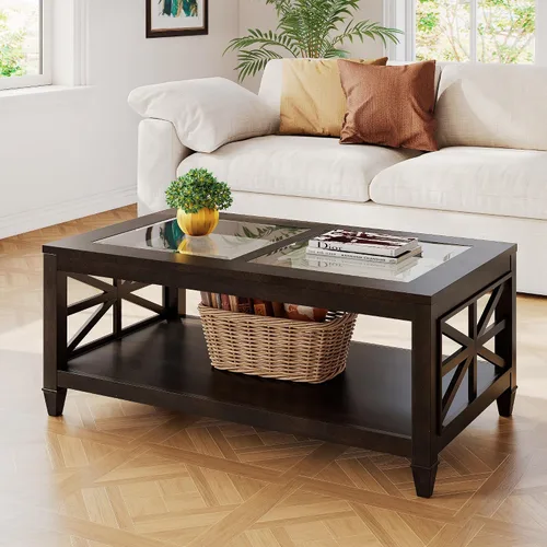 Miniatura 7 de Mesa auxiliar de madera maciza de 2 niveles con vidrio templado, mesa auxiliar cuadrada de madera para sofá, mesita de noche rústica con soporte