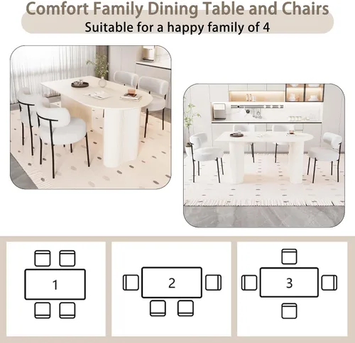 Miniatura 5 de Moderno juego de mesa de comedor color crema para 4, juego de mesa de comedor y sillas de 5 piezas, mesa de comedor ovalada blanca de 63 pulgadas