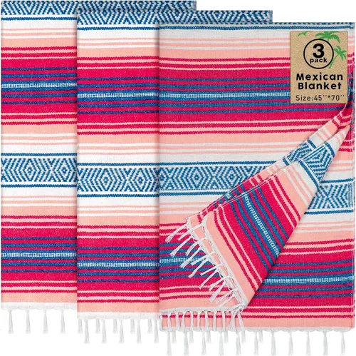 Miniatura 7 de Oudain - Paquete de 3 mantas mexicanas de 45 x 70 pulgadas, manta tejida de sarape Baja para playa, picnic, camping, decoración bohemia para sofá