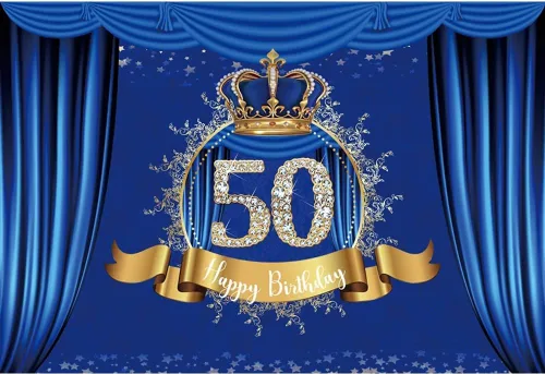 Miniatura 4 de Telón de fondo de feliz cumpleaños 50 años, cortina azul real de lujo, corona azul dorado, fondo fotográfico, celebración de cumpleaños de niño
