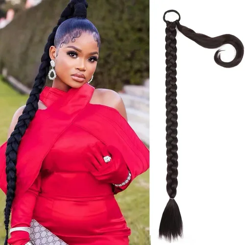 Miniatura 21 de Extensiones de cola de caballo trenzada de 20 pulgadas de largo para mujer, extensiones de cabello lacio envolvente con banda para el cabello, cola