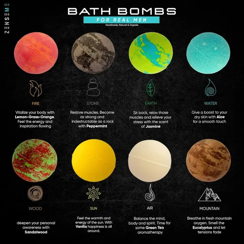 Miniatura 2 de Bombas de baño para hombres, juego de regalo de 8 bombas de baño orgánicas perfumadas hechas a mano de 2.5 onzas con aceites esenciales naturales