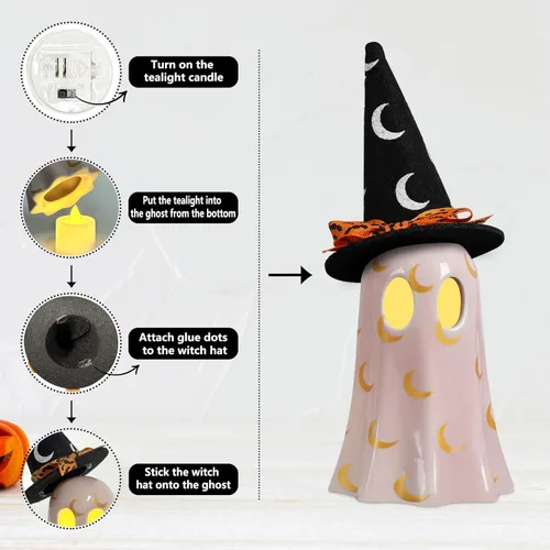 Miniatura 5 de DAZONGE Decoración de Halloween para interiores, juego de 3 fantasmas de cerámica con sombreros de bruja, bonitas figuras de fantasmas espeluznantes
