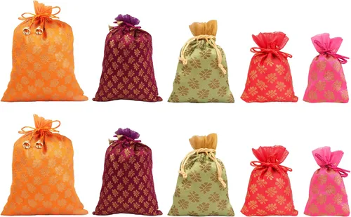 Miniatura 20 de Touchstone Bolsas con cordón de tela tradicional india, hechas a mano, perfectas para regalos, joyas, bodas, bolsas, bolsas, Potli, -Mimosa