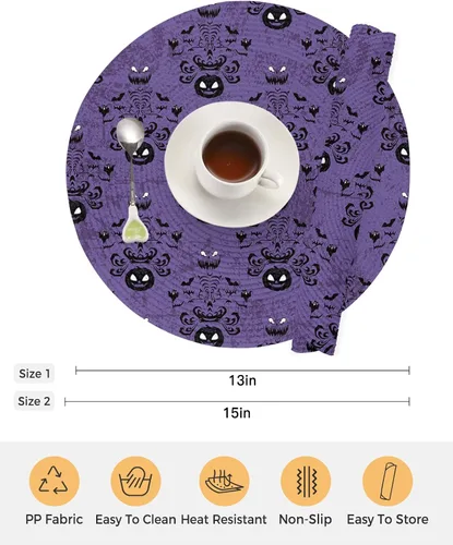 Miniatura 7 de Juego de 2 manteles individuales redondos de Halloween, diseño de murciélagos de calabaza fantasma, manteles individuales tejidos lavables