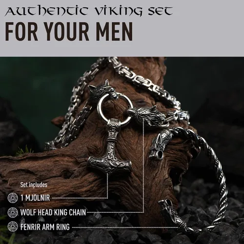 Miniatura 2 de VikingsBrand Handmade Stainless Steel Thors Hammer Necklace with Wolf Heads Mjolnir Pendant Viking Gifts for Men Norse Jewelry for Men Authentic