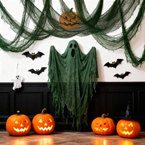 Miniatura 5 de Qtisky Juego de 5 telas de gasa espeluznante de Halloween, tapiz de gasa verde aterrador de Halloween para interiores y exteriores, decoraciones