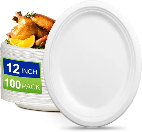 Platos desechables ovalados ecológicos – Platos de papel grandes y resistentes de 12 pulgadas, paquete a granel para barbacoa, fiesta, picnic