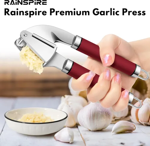 Miniatura 7 de Rainspire Prensa de ajo de acero inoxidable de alta calidad, herramienta para picar ajos, herramienta trituradora de ajo, trituradora de ajos, Rojo