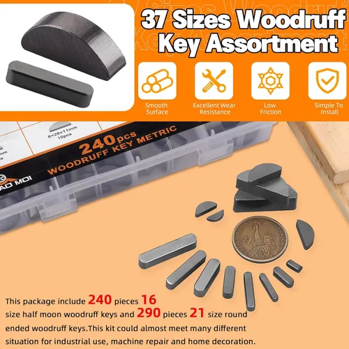 Miniatura 5 de Kit surtido de 530 llaves métricas de Woodruff con 37 tamaños, incluye 240 llaves de media luna, 290 llaves de plumas de acero inoxidable