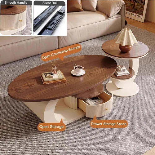 Miniatura 4 de Juego de mesa de centro ovalada moderna de 2 piezas, mesas de centro anidables con almacenamiento, mesa auxiliar con marco de metal, mesa de centro