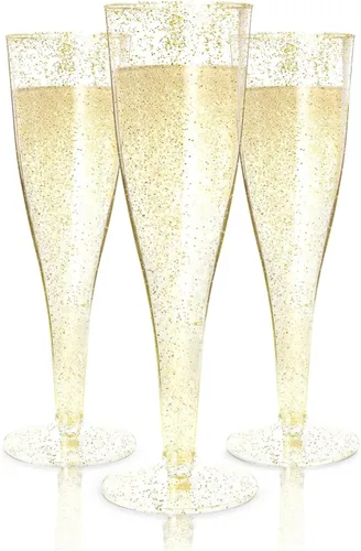 Miniatura 17 de Prestee 48 Copas de Champán de Plástico Desechables con Borde Dorado con Purpurina - Vasos Transparentes para Brindis de Mimosa, Fiesta de Año Nuevo