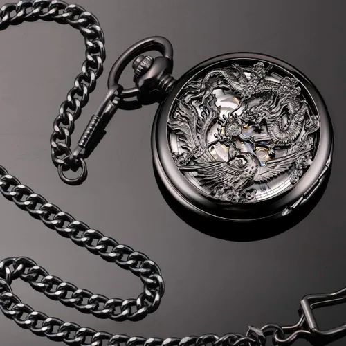 Miniatura 4 de ManChDa Antique Mechanical Pocket Watches for Men Lucky Dragon Phoenix Pocket Watch with Chain Skeleton Dial Roman Numerals Gifts for Fathers Day