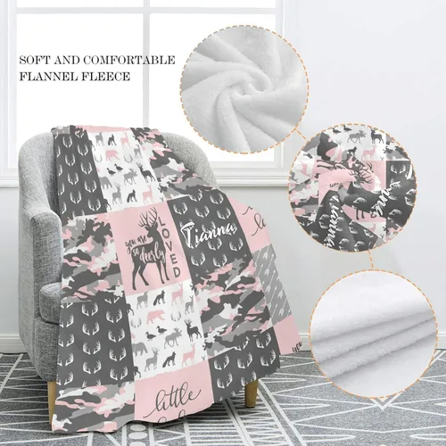 Miniatura 5 de Manta personalizada de Little Antler Man Woodland Pink con nombre y texto, manta de forro polar súper suave personalizada para sofá, cama, 50 x 60
