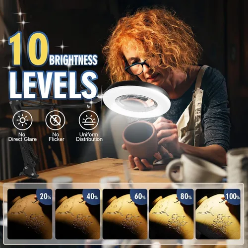 Miniatura 5 de 12 lupas con luz y soporte, 144 LED más brillantes, 10 brillo regulable, 5 modos de color, lámpara de escritorio de metal manos libres para lectura