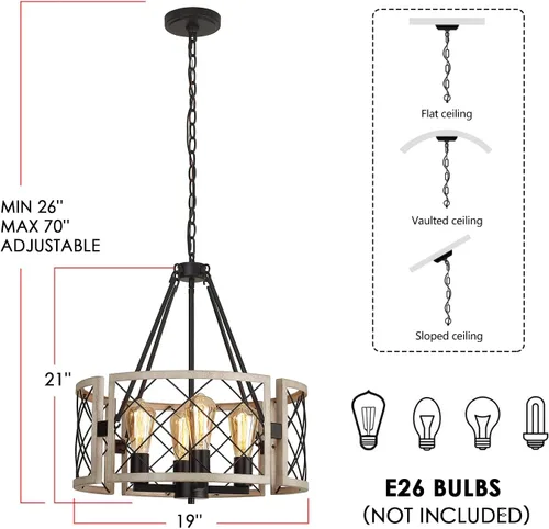 Miniatura 5 de SANTOSTOCK Candelabro Moderno de Granja, Lámpara de Araña Rústica de 4 Luces para Comedor, Accesorio de Iluminación para Isla de Cocina, Luz