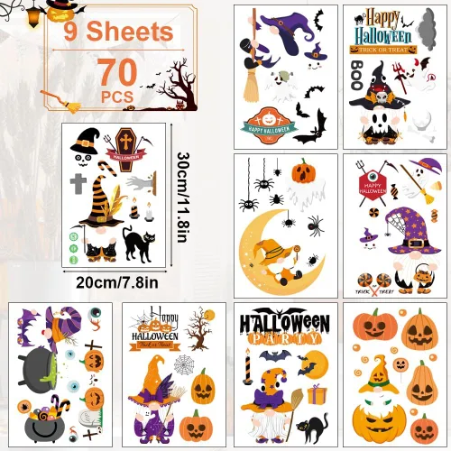 Miniatura 2 de AUAUY Decoración de ventana de Halloween, 9 hojas, 70 unidades, calcomanías para ventana, imágenes de ventana de doble cara con calabaza