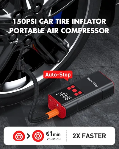 Miniatura 3 de Inflador de Neumáticos Compresor de Aire Portátil Povasee 150PSI Bomba de Aire Portátil para Neumáticos Inflador de Neumáticos de Coche Inalámbrico