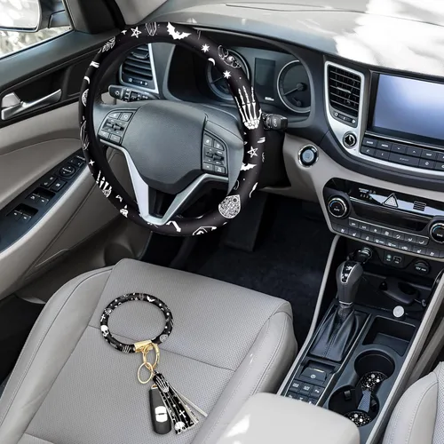 Miniatura 2 de Juego de 4 piezas de accesorios para auto con estampado de lunas negras y estrellas blancas, funda para volante con estampado de lunas negras