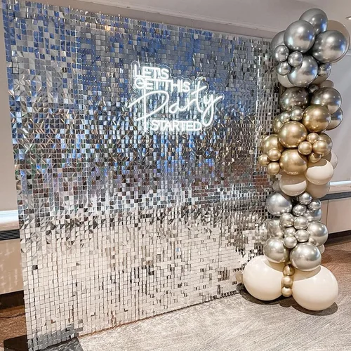 Miniatura 5 de COKAOBE Fondo de pared plateado brillante, 36 piezas de panel de fondo cuadrado de lentejuelas brillantes, fondos de fotos para cumpleaños