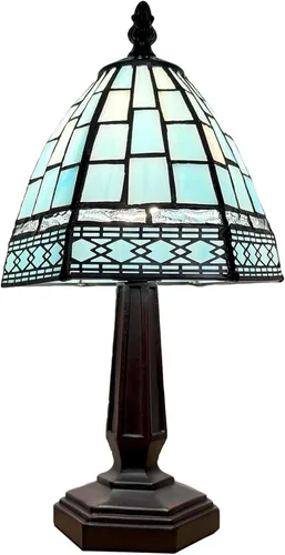 Lámpara de Mesa Pequeña Estilo Tiffany, 3 Temperaturas de Color Rejilla Azul Lámparas de Mesa de Vidrio Emplomado, Luz Nocturna de Mesita de Noche