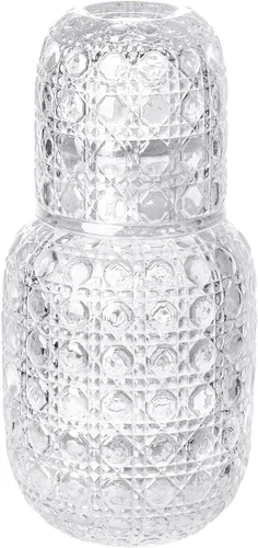 Miniatura 10 de Sizikato Jarra de agua de noche de 15 onzas de cristal rosa en relieve rosa con vaso de cristal. Rosa rosado