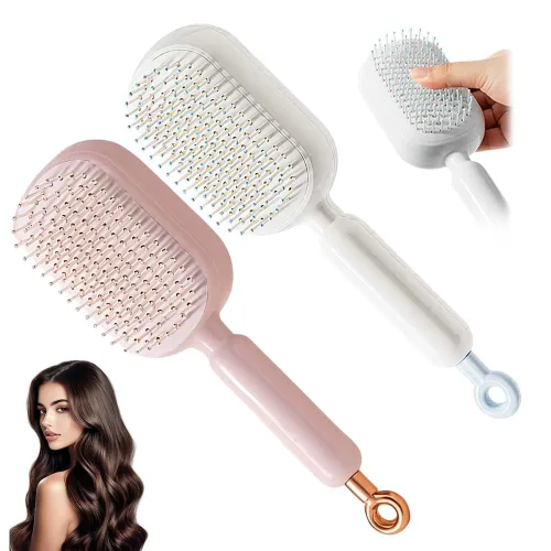 Miniatura 10 de Cepillo de pelo autolimpiante, cepillo retráctil con cerdas de masaje, peine antiestático fácil de limpiar para todo tipo de cabello, cepillo de Azul