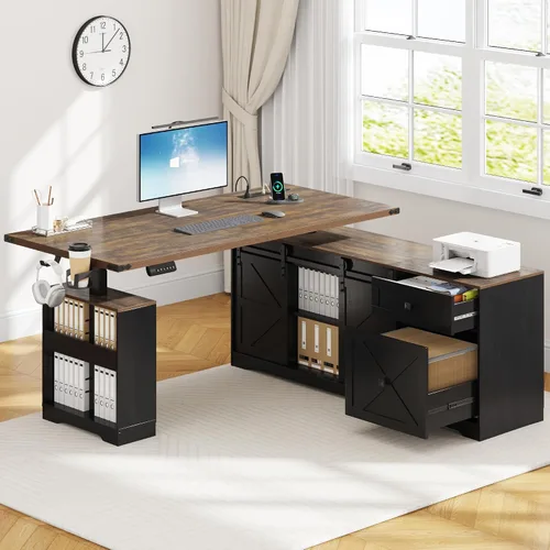 Miniatura 11 de St.Mandyu 55" Farmhouse L Shaped Electric Standing Desk with Sliding Door Storage, Height Adjustable Sit Stand Corner Computer Desk with Power