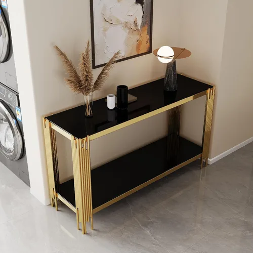 Miniatura 96 de Mesa de centro de cristal de lujo, mesa de centro de sofá de 47 pulgadas con marco de acero inoxidable dorado y parte superior de vidrio negro, mesa