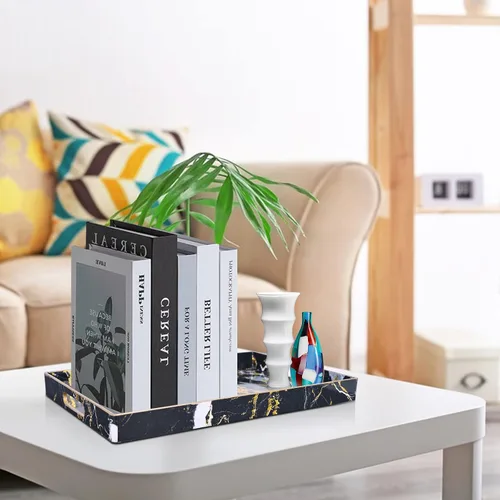 Miniatura 7 de Gifturbo - Bandeja de servir negra, bandejas de servir decorativas de mármol con asas, bandejas rectangulares de plástico para mesa de café otomanas