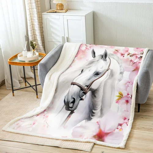 Erosebridal Manta de Tiro de Caballo Blanco Manta de Vellón de Flor de Cerezo Rosa y Mariposa, Mantas y Tiros de Animales de Granja Caballo 40"X50",