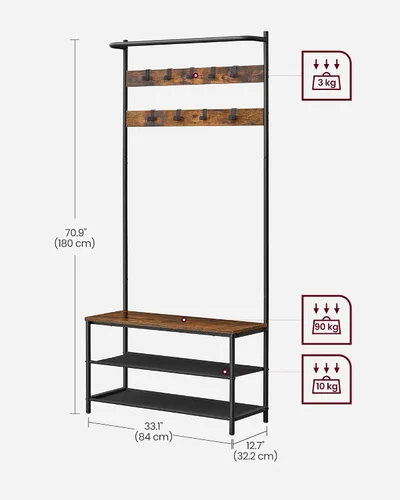 Miniatura 6 de VASAGLE Perchero de pie con banco y almacenamiento de zapatos, banco de entrada con soporte de perchero y zapatero, 9 ganchos móviles, barra Rustic