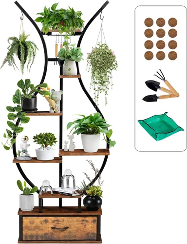 Soporte para plantas de interior de 7 niveles con ganchos y cajón para colgar, soporte de esquina en forma de jarrón de 68.1 pulgadas de alto
