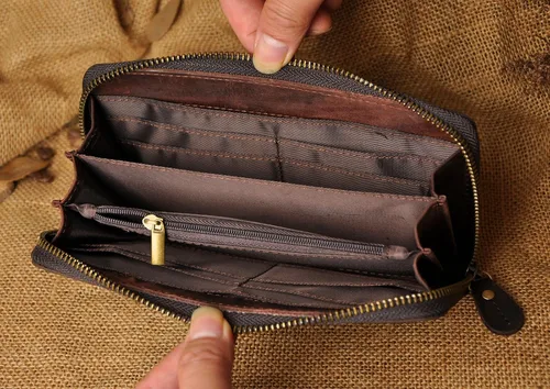 Miniatura 6 de Le'aokuu Unisex calidad cuero genuino cadena embrague mano bolso organizador monedero chequera cremallera cartera 1016, Cocodrilo marrón