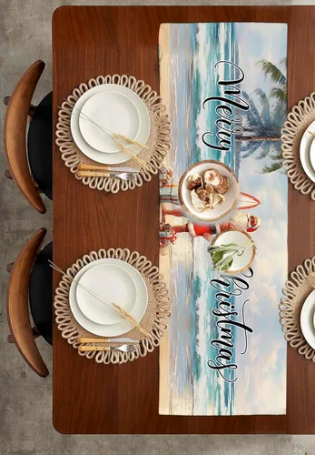 Miniatura 3 de Camino de mesa de verano de Navidad de 36 pulgadas, corto, de lino de algodón, cocina, comedor, mesa de café, decoración de tocador, camino de mesa