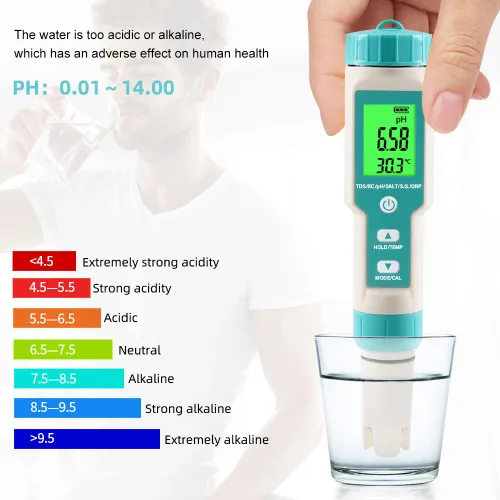 Miniatura 8 de Medidor de pH para agua 7 en 1 pH/TDS/EC/Sal/P.G/ORP/Temperatura, probador de pH digital retroiluminado impermeable LCD, medidor de TDS medidor EC