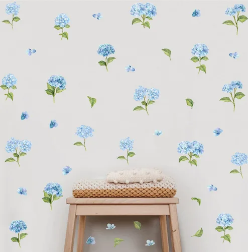 Miniatura 4 de Calcomanías de pared de hortensias azules de acuarela, calcomanías de pared de vinilo floral de flores, flores extraíbles con hojas verdes, arte
