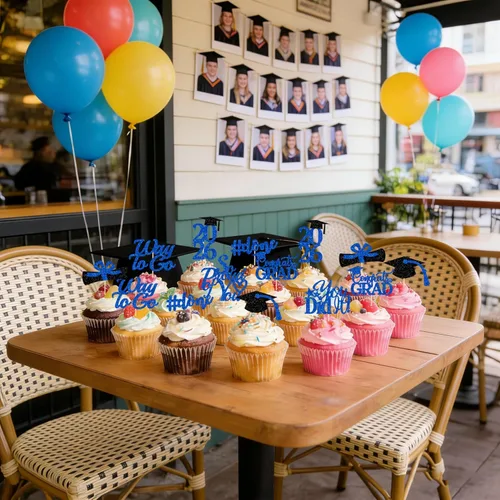Miniatura 5 de Decoraciones de graduación 2026 azul, adornos para cupcakes de graduación 2026 azul y negro, suministros de decoración para cupcakes clase de 2026
