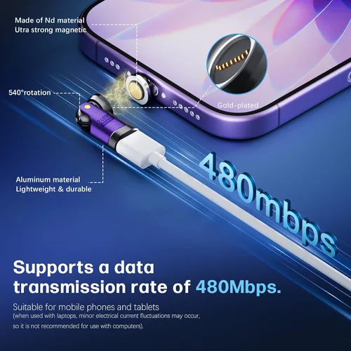 Miniatura 5 de Adaptador magnético USB C a C, 240 W PD de carga rápida de 480 Mbps de datos de 9 pines, conector de ruptura giratorio de 540°, indicador LED