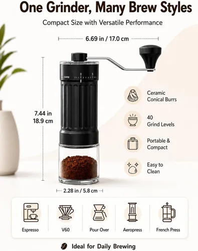 Miniatura 7 de Molinillo de café manual con rebabas de cerámica, 40 ajustes ajustables para expreso, V60, verter, campamento y viajes
