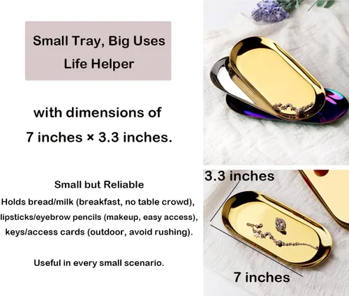 Miniatura 7 de Bandeja decorativa de acero inoxidable, juego de 2, 7 pulgadas de largo, organizador de cosméticos para joyas, bandeja de almacenamiento pequeña