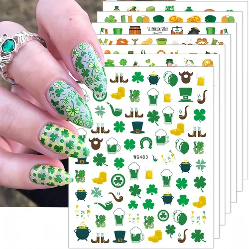 7 hojas de calcomanías de uñas del día de San Patricio para arte de uñas, calcomanías autoadhesivas 3D de trébol verde, diseño de uñas irlandesas,