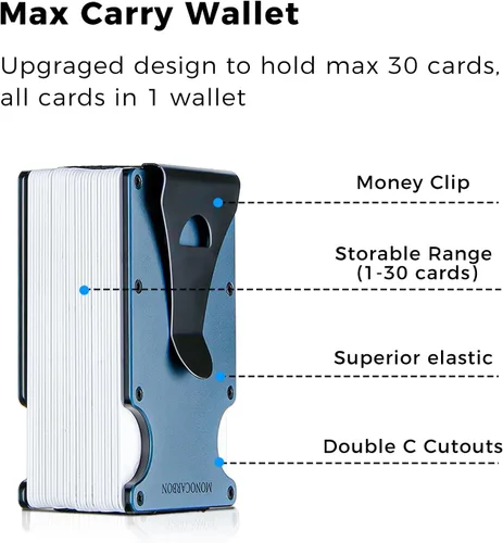 Miniatura 7 de MONOCARBON Cartera delgada minimalista con bolsillo frontal con bloqueo RFID, clip de dinero para tarjetas de crédito, acero manganeso, Azul